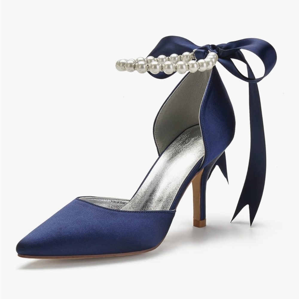 Elegant Navy Satin Heels with Pearl Ankle Strap